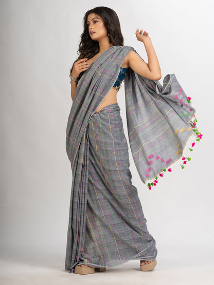Women's Gray Handwoven Cotton Jamdani handloom Saree