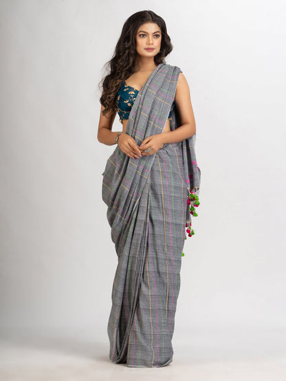 Women's Gray Handwoven Cotton Jamdani handloom Saree