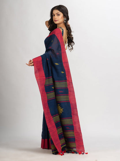 Women's Navy Blue Handwoven Cotton Jamdani handloom Saree