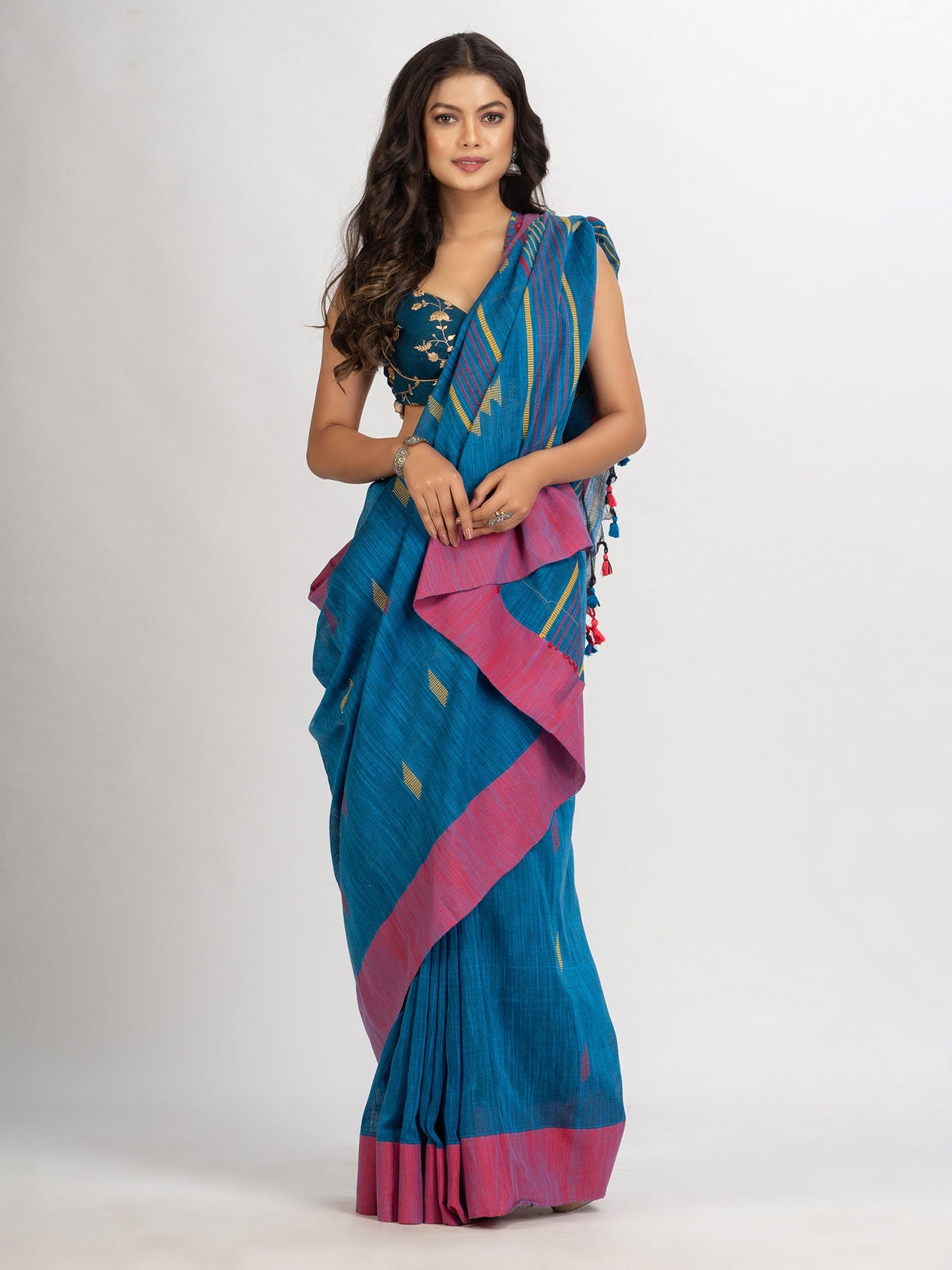 Women's Sky Blue Handwoven Cotton Jamdani handloom Saree