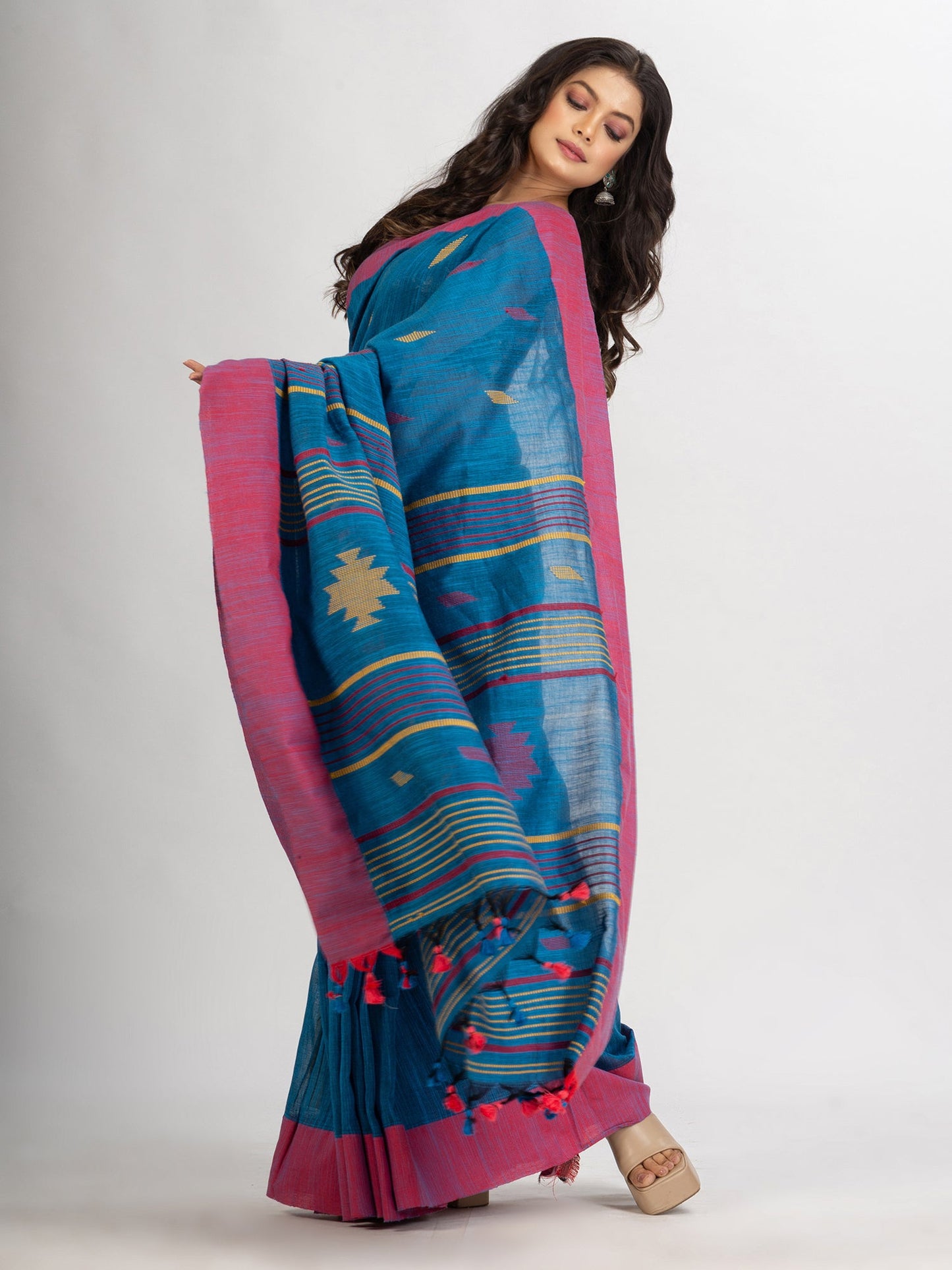 Women's Sky Blue Handwoven Cotton Jamdani handloom Saree
