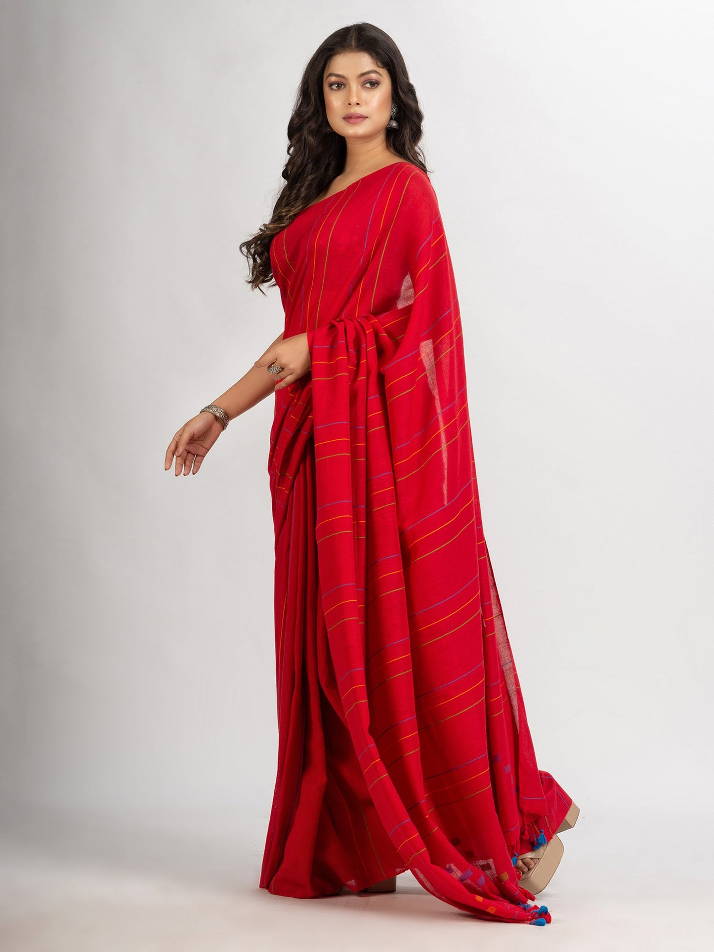 Women's Red Handwoven Cotton Jamdani handloom Saree