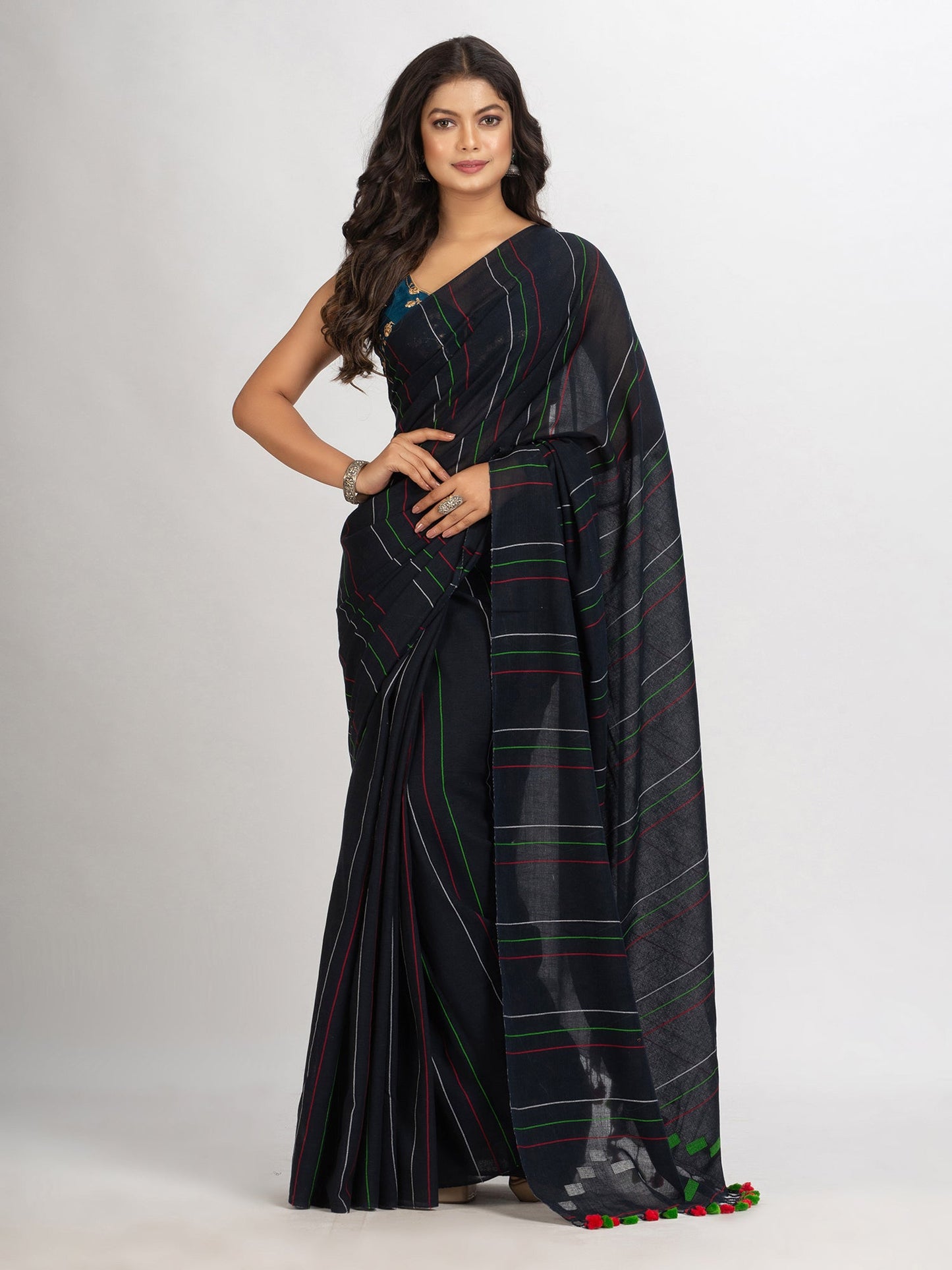 Women's Black Handwoven Cotton Jamdani handloom Saree