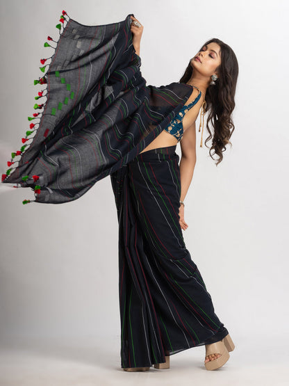 Women's Black Handwoven Cotton Jamdani handloom Saree