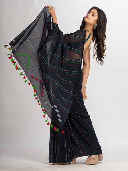 Women's Black Handwoven Cotton Jamdani handloom Saree