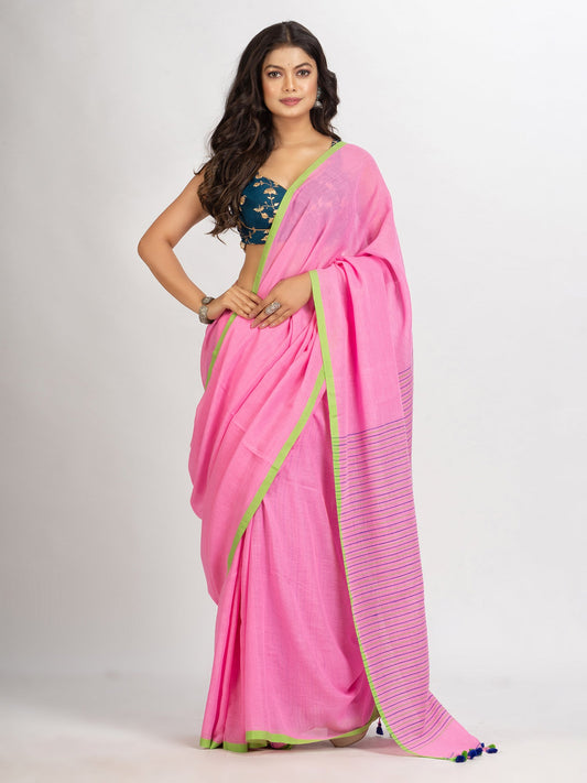 Women's Pink Handwoven Cotton Stipe handloom Saree