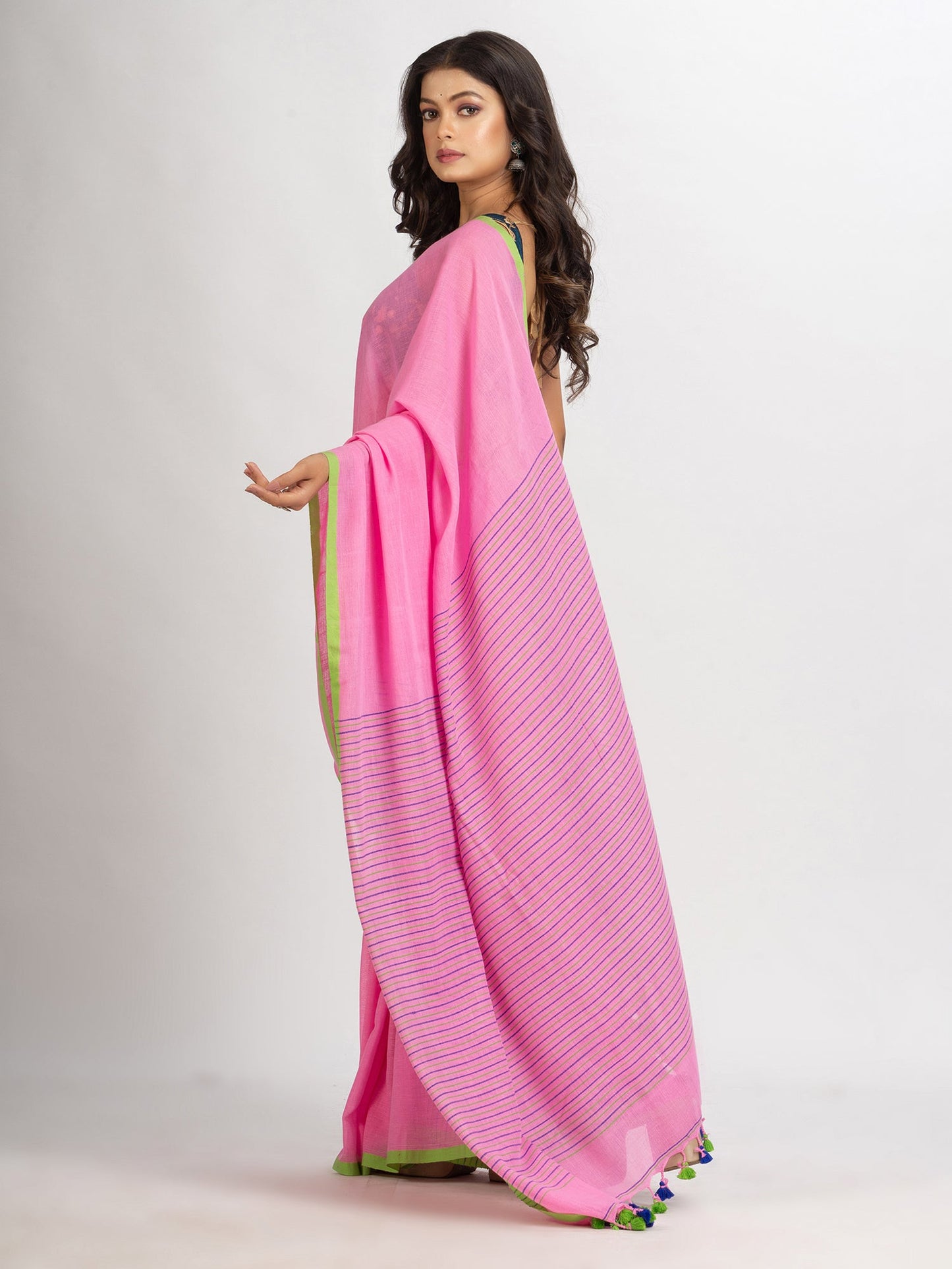 Women's Pink Handwoven Cotton Stipe handloom Saree