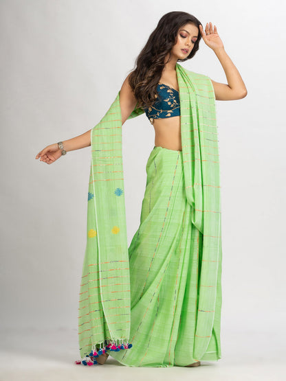 Women's Light Green Handwoven Cotton Jamdani handloom Saree