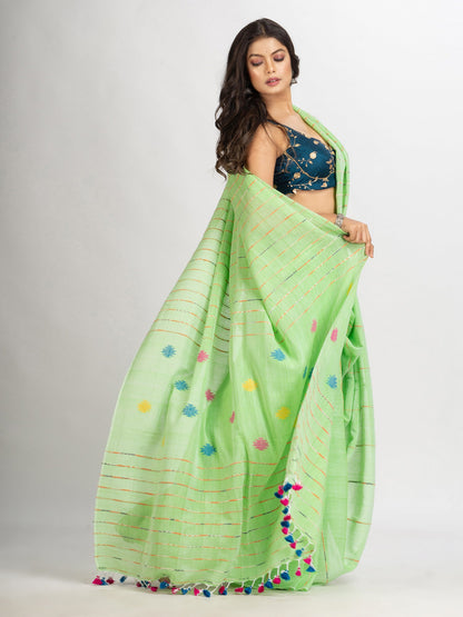 Women's Light Green Handwoven Cotton Jamdani handloom Saree