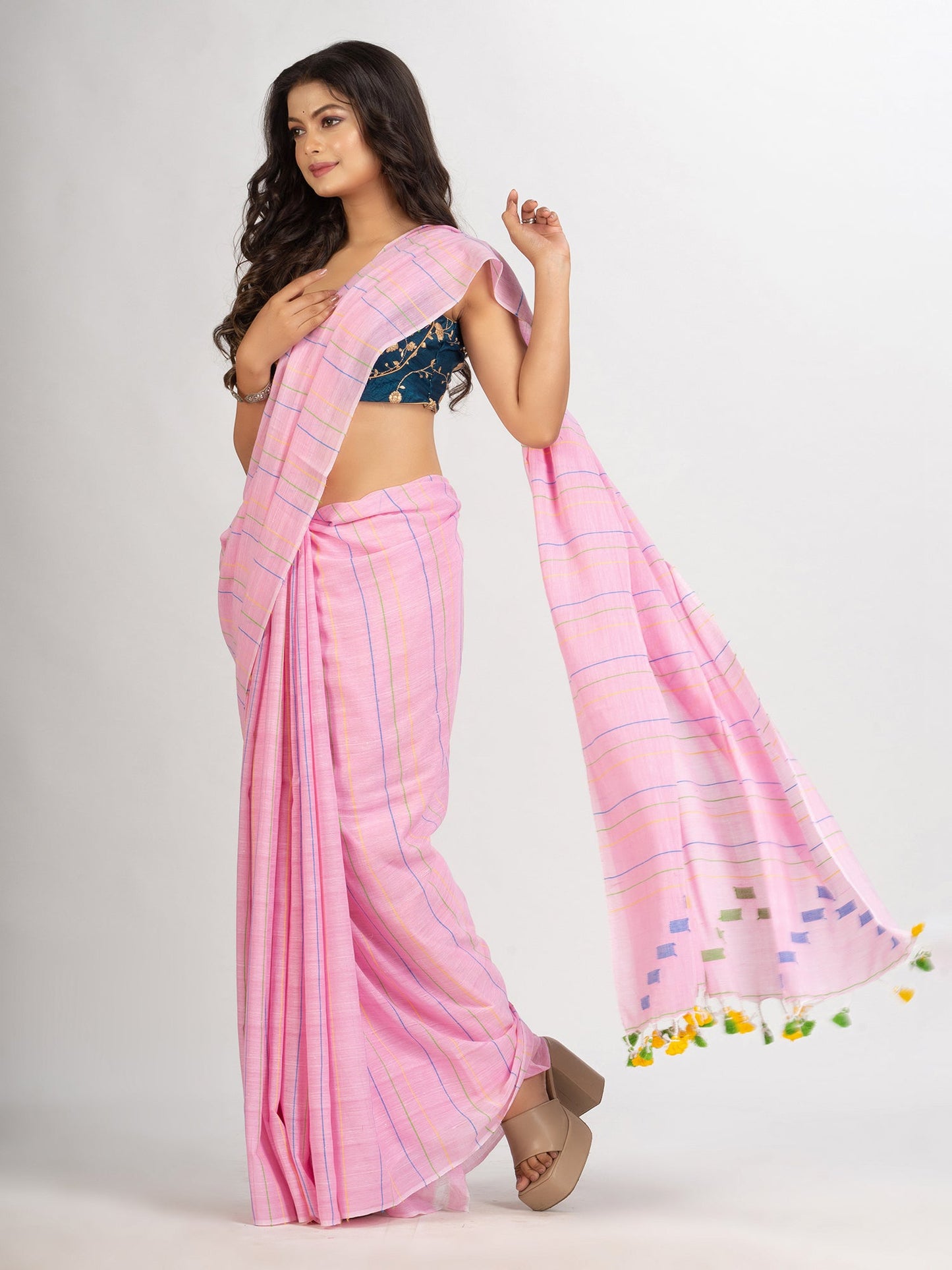 Women's Pink Handwoven Cotton Jamdani handloom Saree