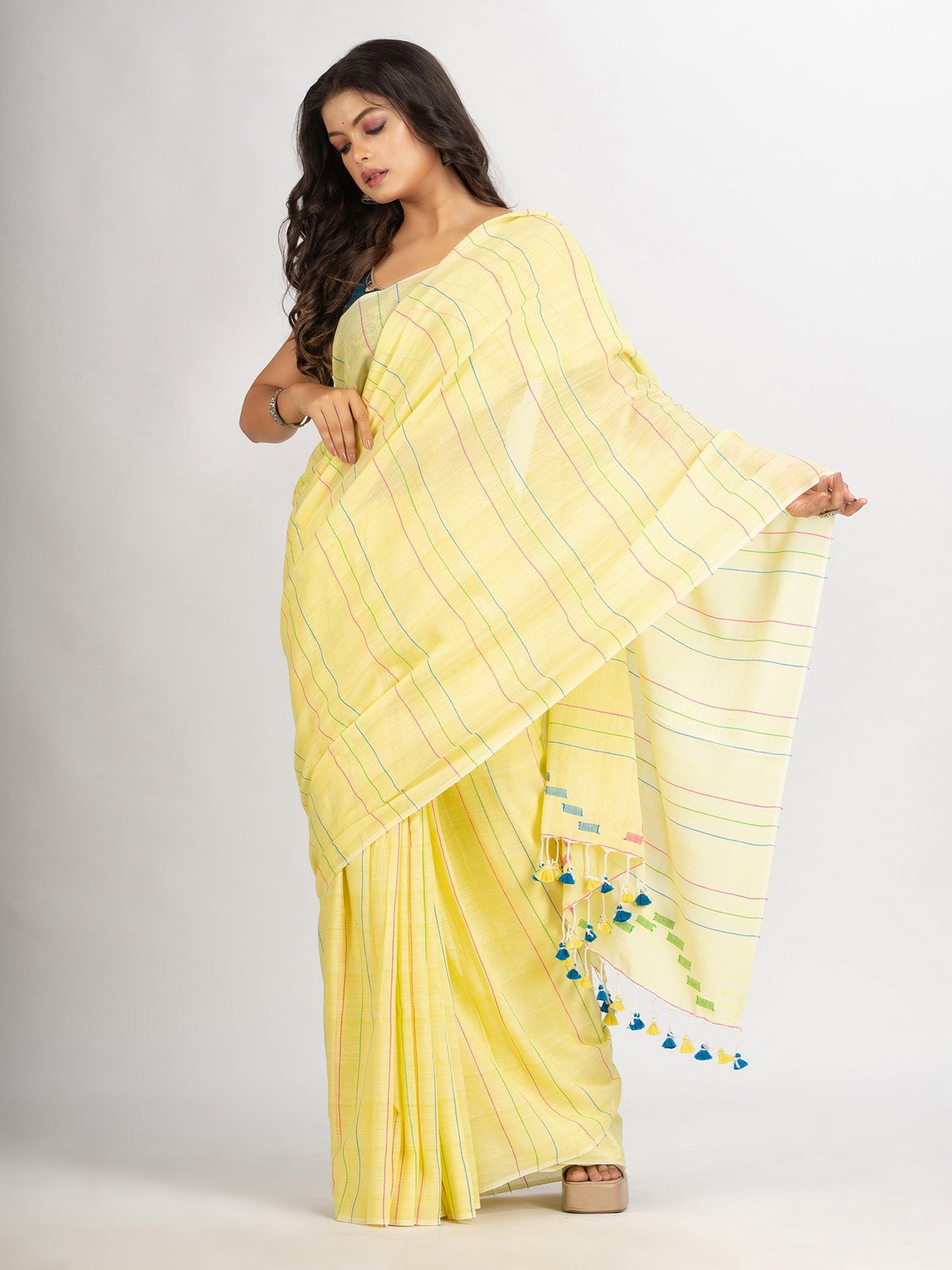 Women's Yellow Handwoven Cotton Jamdani handloom Saree