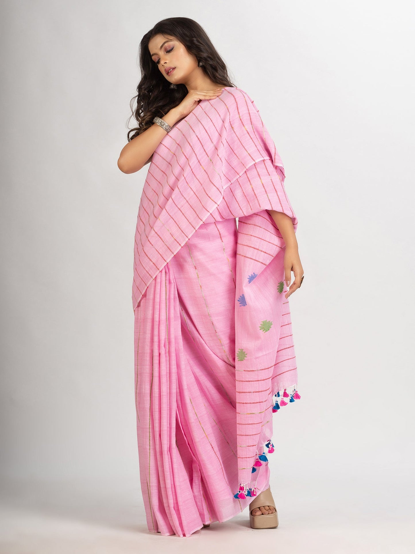 Women's Pink Handwoven Cotton Jamdani handloom Saree