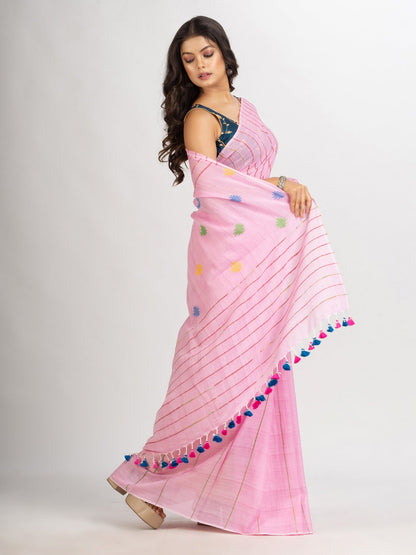 Women's Pink Handwoven Cotton Jamdani handloom Saree