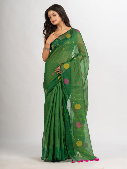 Women's Green Handweven Cotton Blend Jamdani handloom Saree