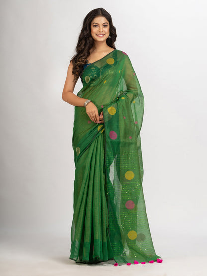 Women's Green Handweven Cotton Blend Jamdani handloom Saree