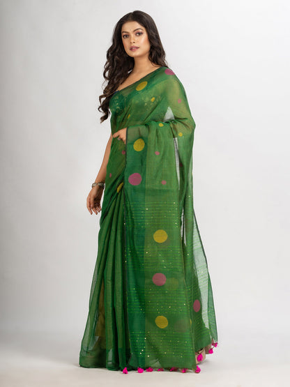 Women's Green Handweven Cotton Blend Jamdani handloom Saree