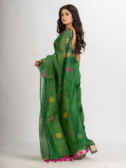 Women's Green Handweven Cotton Blend Jamdani handloom Saree