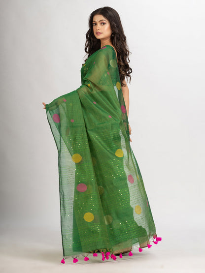 Women's Green Handweven Cotton Blend Jamdani handloom Saree
