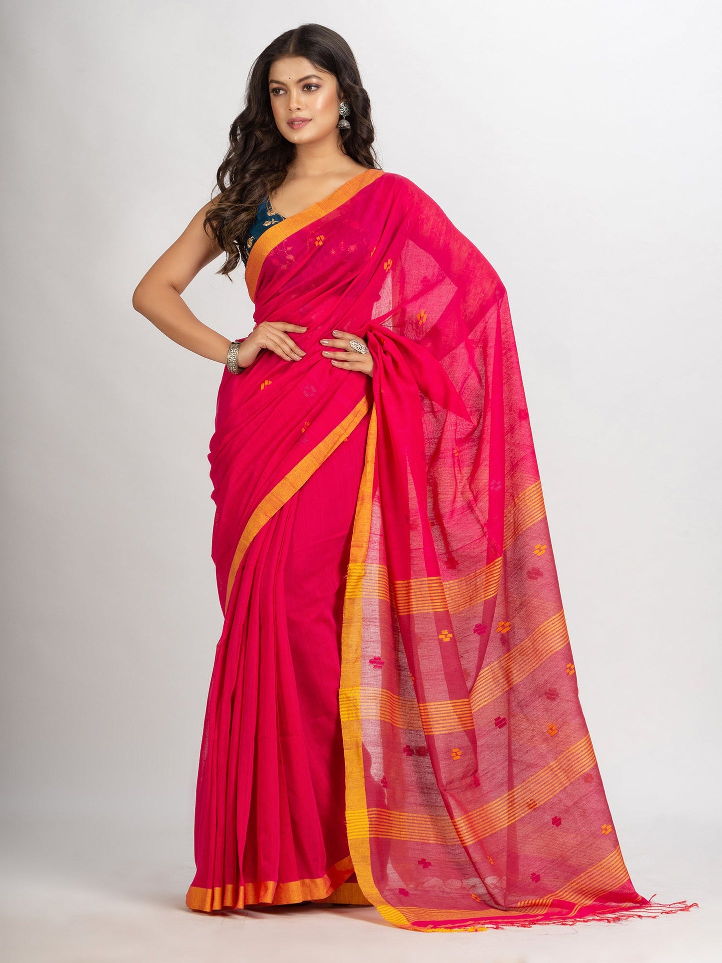 Women's Pink Handwoven Cotton Jamdani handloom Saree