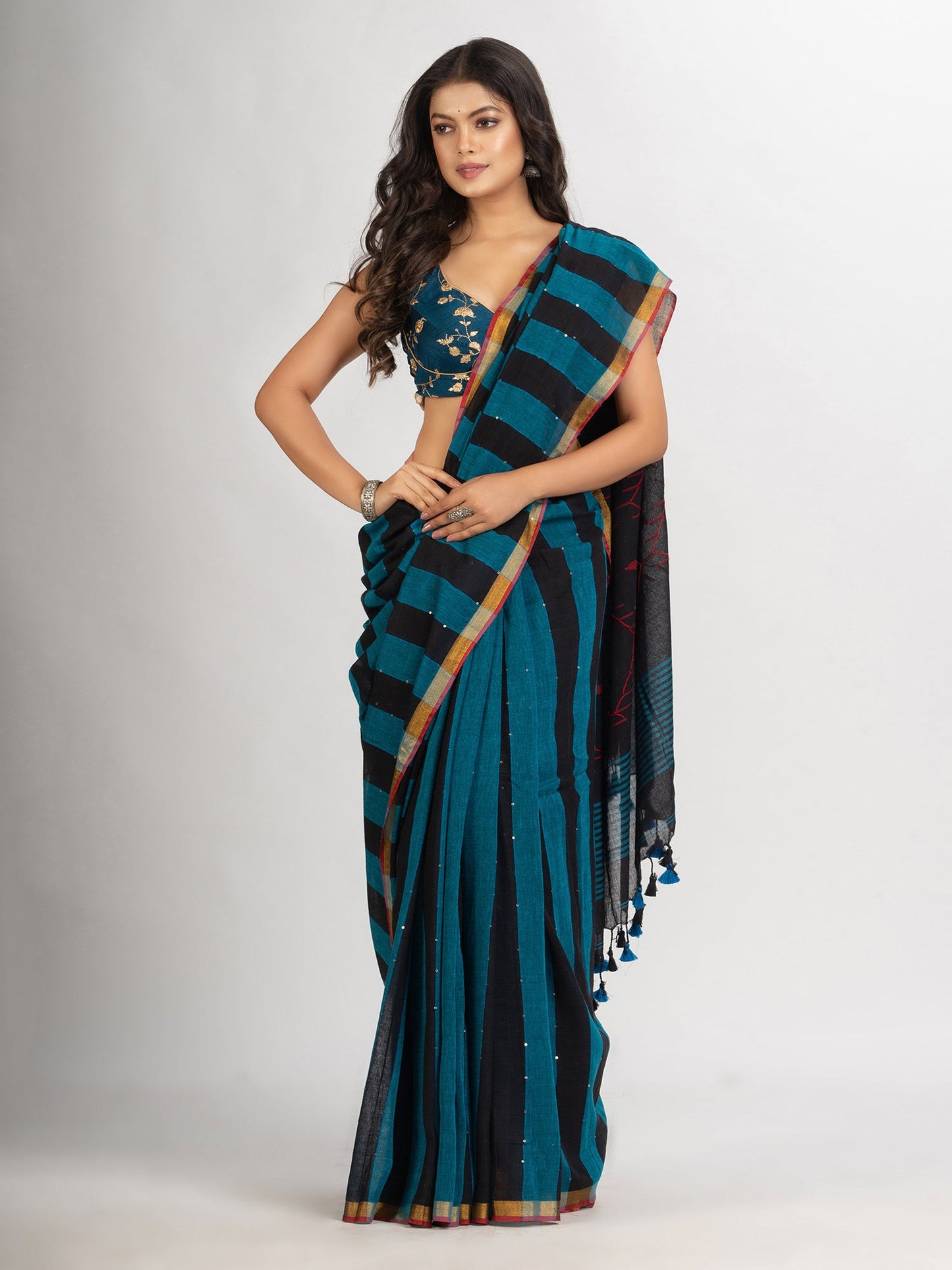 Women's Black Sky Blue Stipe Handwoven Cotton Jamdani handloom Saree
