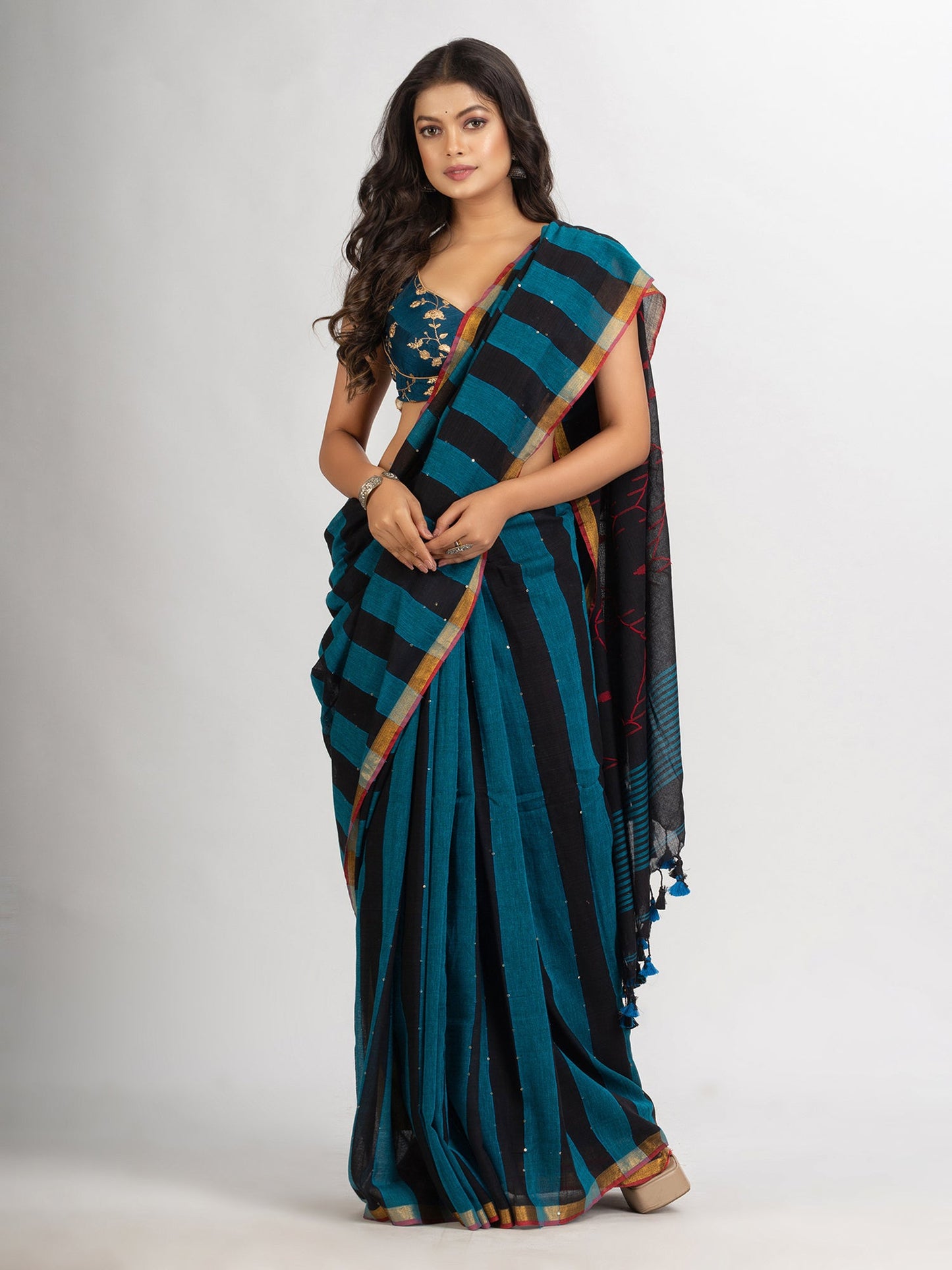 Women's Black Sky Blue Stipe Handwoven Cotton Jamdani handloom Saree