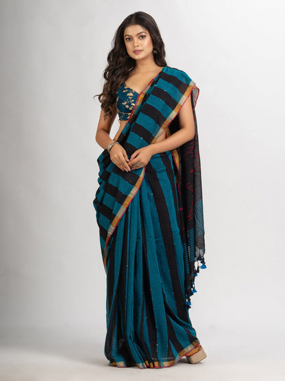 Women's Black Sky Blue Stipe Handwoven Cotton Jamdani handloom Saree