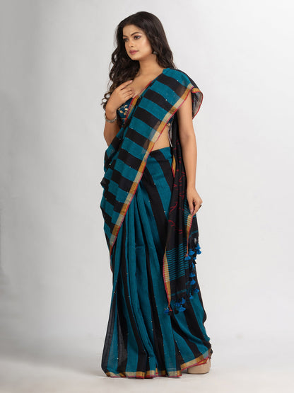 Women's Black Sky Blue Stipe Handwoven Cotton Jamdani handloom Saree