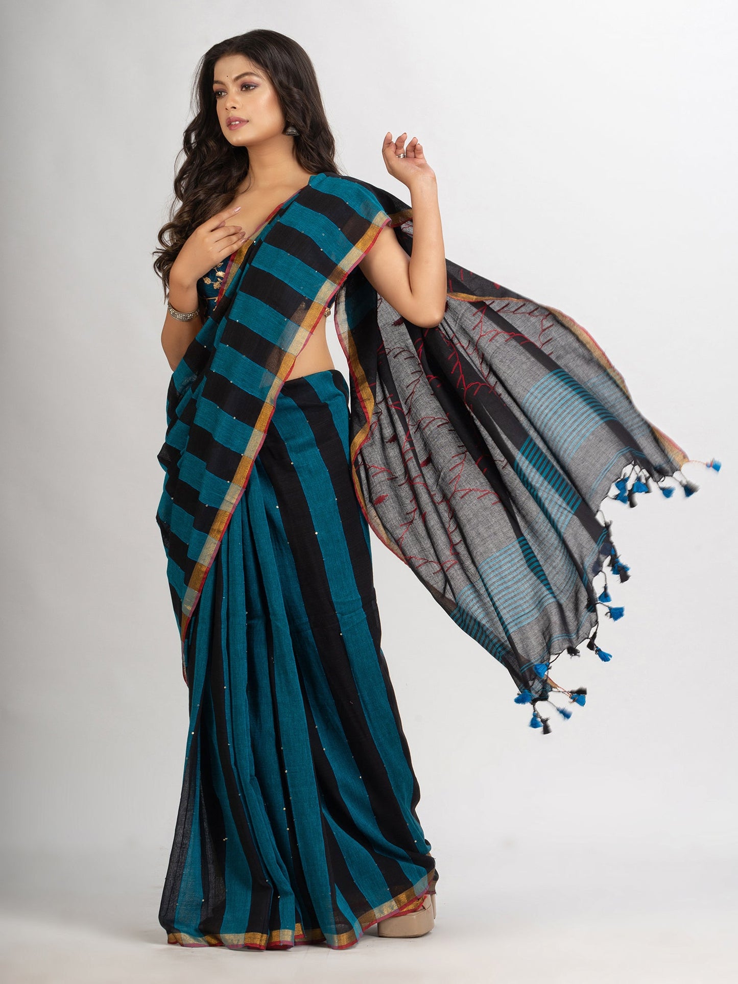 Women's Black Sky Blue Stipe Handwoven Cotton Jamdani handloom Saree