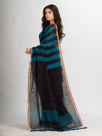 Women's Black Sky Blue Stipe Handwoven Cotton Jamdani handloom Saree