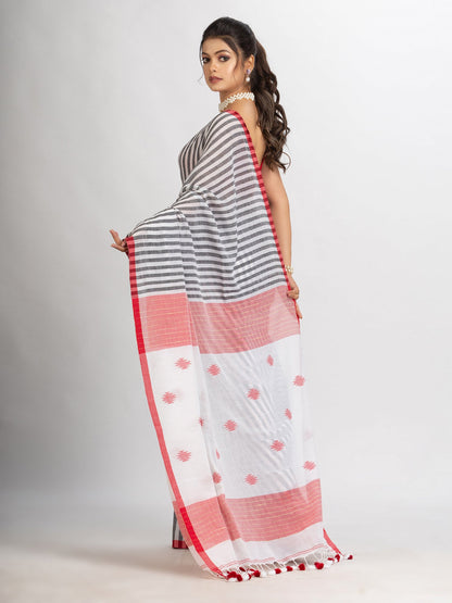 Women's White Black Stipe Handwoven Cotton Jamdani handloom Saree