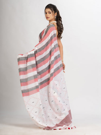 Women's White Black and Red Stipe Handwoven Cotton Jamdani handloom Saree