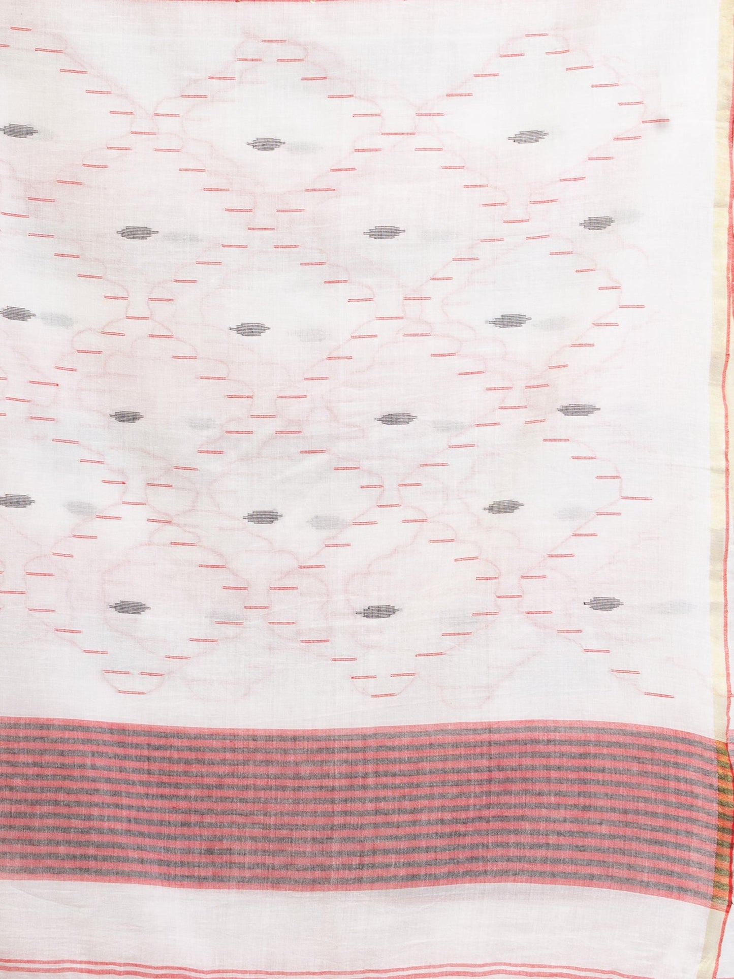 Women's White Black and Red Stipe Handwoven Cotton Jamdani handloom Saree