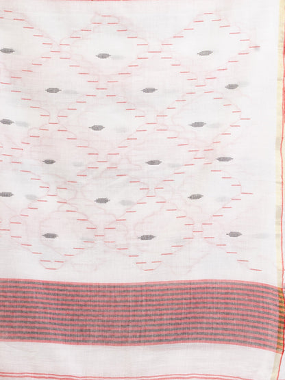 Women's White Black and Red Stipe Handwoven Cotton Jamdani handloom Saree