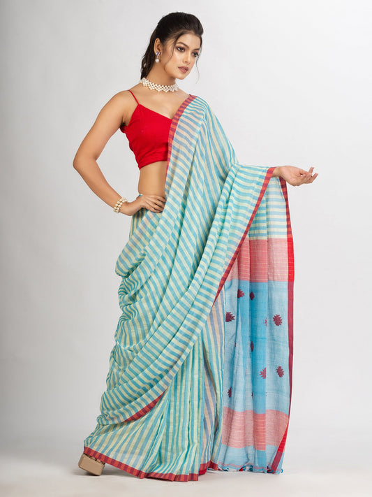 Women's Sky Blue yollow Stipe Handwoven Cotton Jamdani handloom Saree