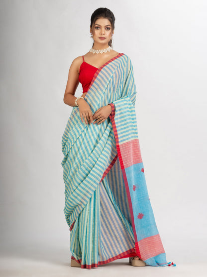 Women's Sky Blue yollow Stipe Handwoven Cotton Jamdani handloom Saree