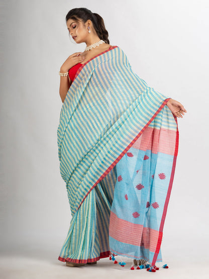 Women's Sky Blue yollow Stipe Handwoven Cotton Jamdani handloom Saree