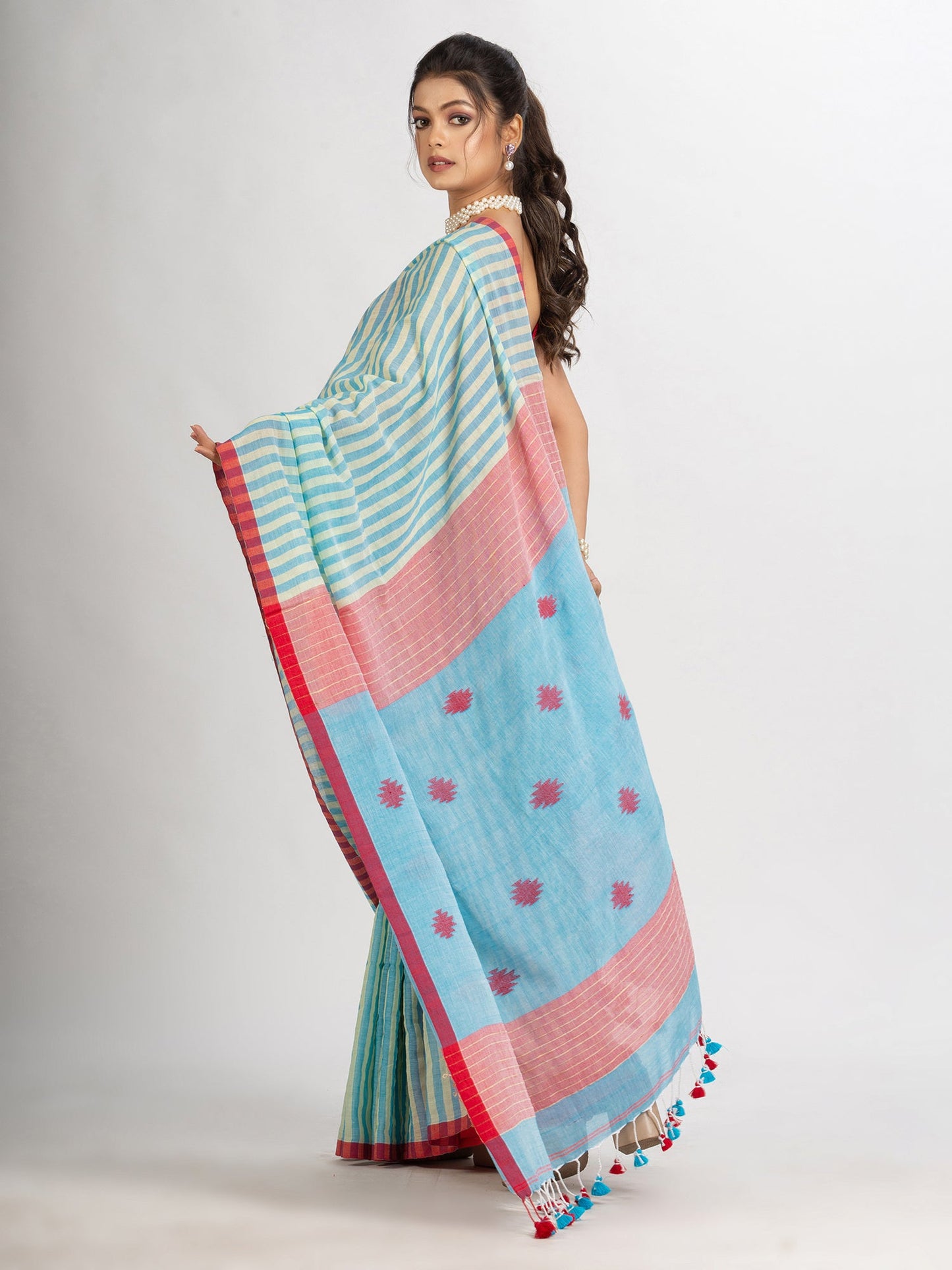 Women's Sky Blue yollow Stipe Handwoven Cotton Jamdani handloom Saree