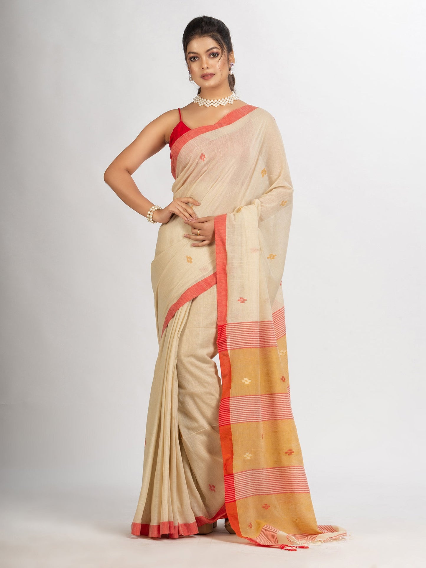 Women's White Duck Handwoven Cotton Jamdani handloom Saree