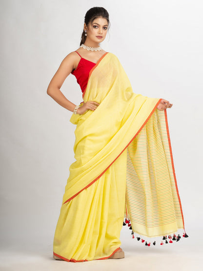 Women's Yollow Handwoven Cotton Stipe handloom Saree