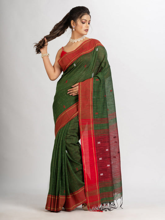 Women's Battle Green Handwoven Cotton Jamdani handloom Saree