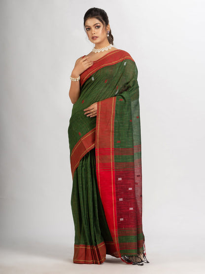 Women's Battle Green Handwoven Cotton Jamdani handloom Saree