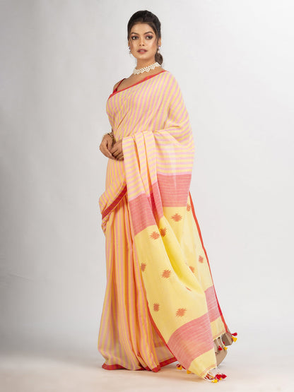 Women's Pink yollow Stipe Handwoven Cotton Jamdani handloom Saree