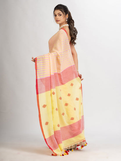Women's Pink yollow Stipe Handwoven Cotton Jamdani handloom Saree