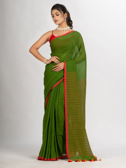 Women's Pista Green Handwoven Cotton Stipe handloom Saree