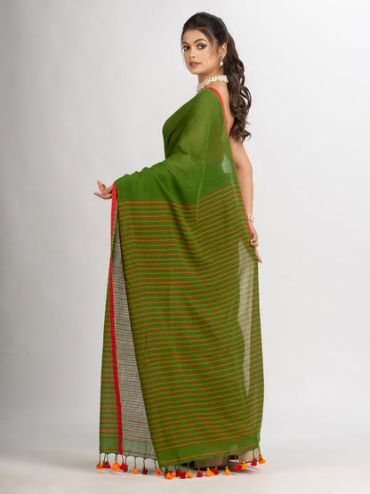 Women's Pista Green Handwoven Cotton Stipe handloom Saree
