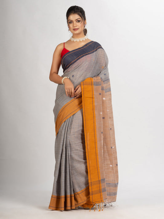 Women's Grey Handwoven Cotton Jamdani handloom Saree