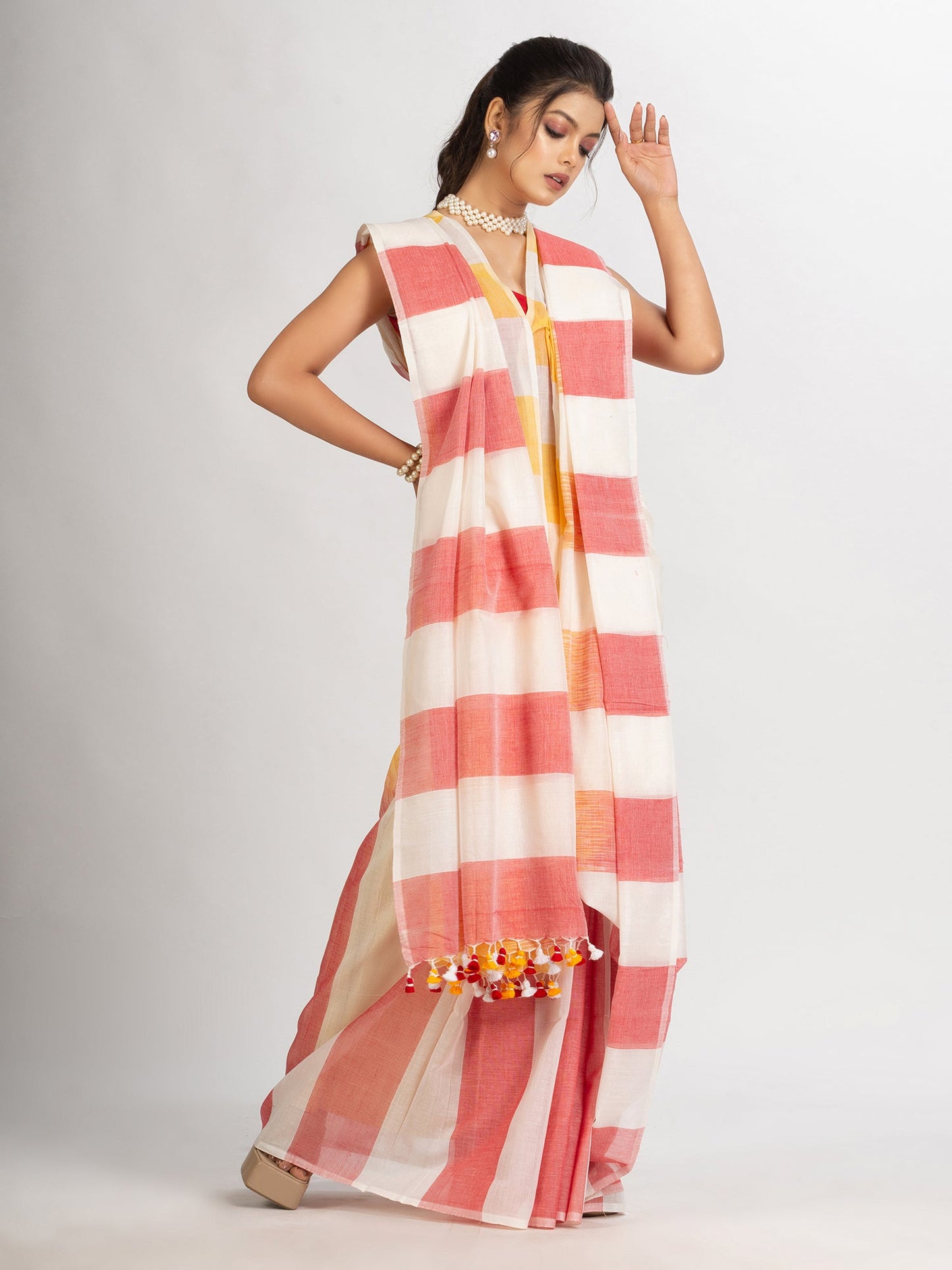 Women's White Yollow and Red Stipe Cotton handloom Saree