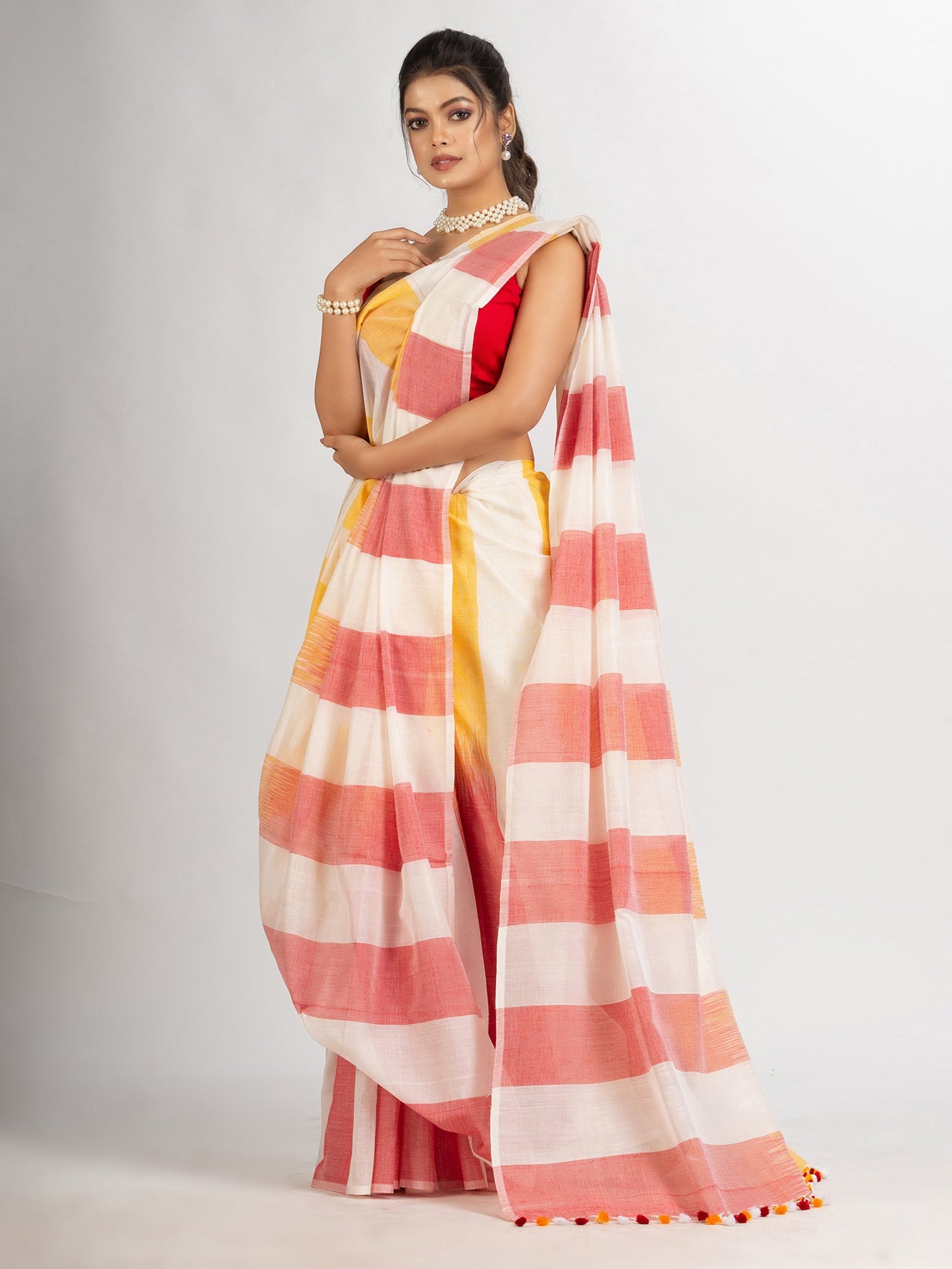 Women's White Yollow and Red Stipe Cotton handloom Saree