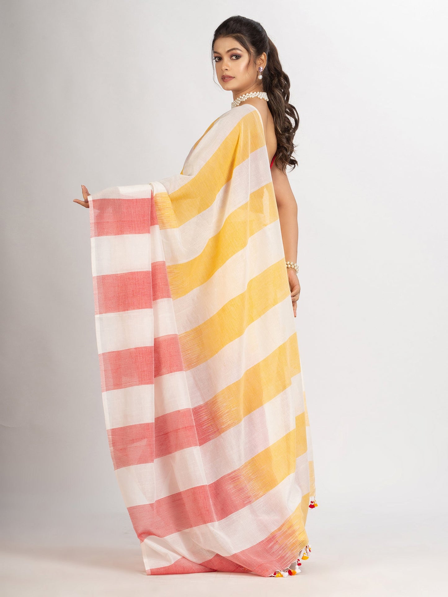 Women's White Yollow and Red Stipe Cotton handloom Saree