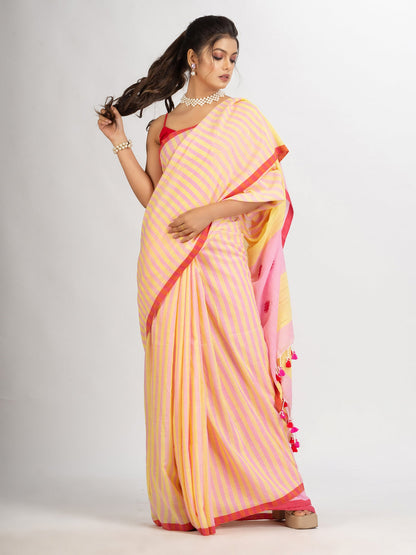 Women's Pink yollow Stipe Handwoven Cotton Jamdani handloom Saree